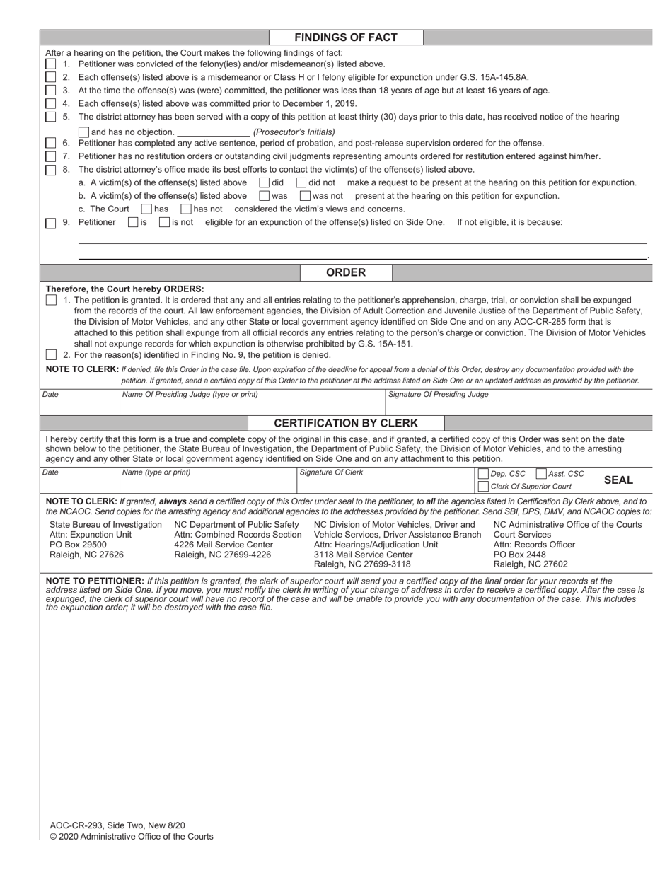 Form AOC-CR-293 Petition and Order of Expunction Under G.s. 15a-145.8a (Non-traffic Misdemeanor or Felony Under Age 18 Committed Before Raise the Age) - North Carolina, Page 2