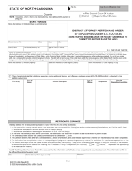 Document preview: Form AOC-CR-294 District Attorney Petition and Order of Expunction Under G.s. 15a-145.8a (Non-traffic Misdemeanor or Felony Under Age 18 Committed Before Raise the Age) - North Carolina