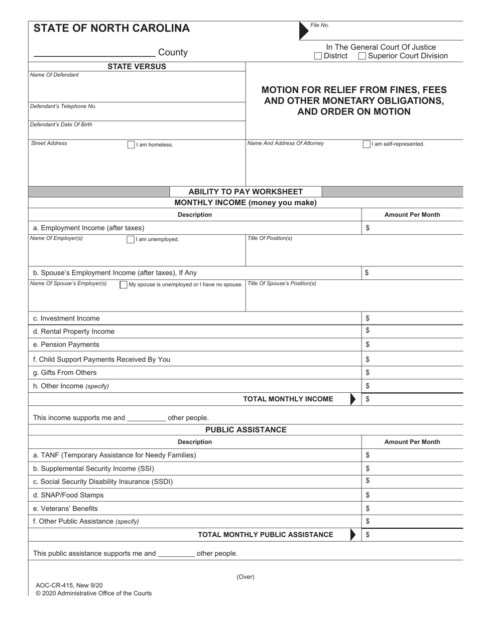 Form AOC-CR-415 Motion for Relief From Fines, Fees and Other Monetary Obligations, and Order on Motion - North Carolina, Page 1