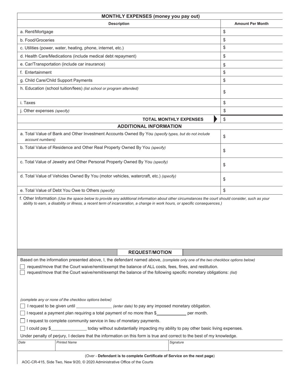 Form AOC-CR-415 Motion for Relief From Fines, Fees and Other Monetary Obligations, and Order on Motion - North Carolina, Page 2