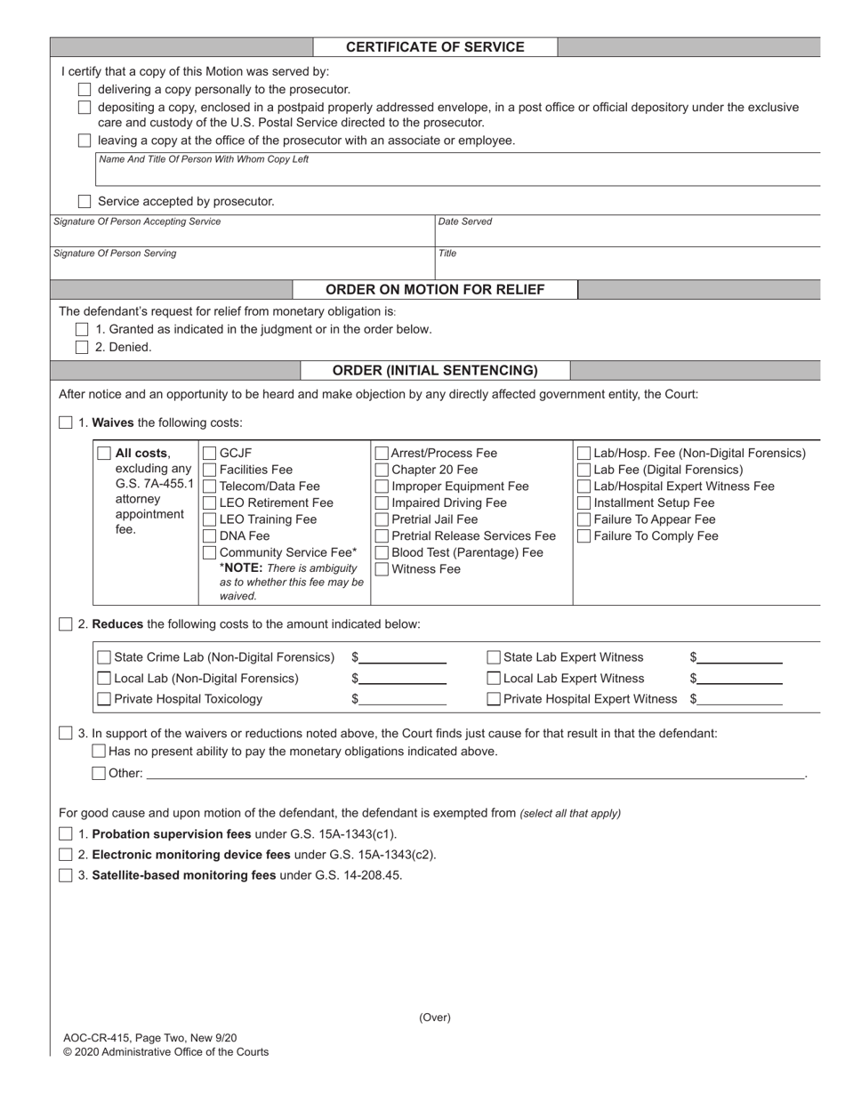 Form AOC-CR-415 Motion for Relief From Fines, Fees and Other Monetary Obligations, and Order on Motion - North Carolina, Page 3
