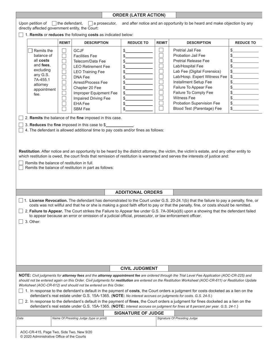 Form AOC-CR-415 Motion for Relief From Fines, Fees and Other Monetary Obligations, and Order on Motion - North Carolina, Page 4