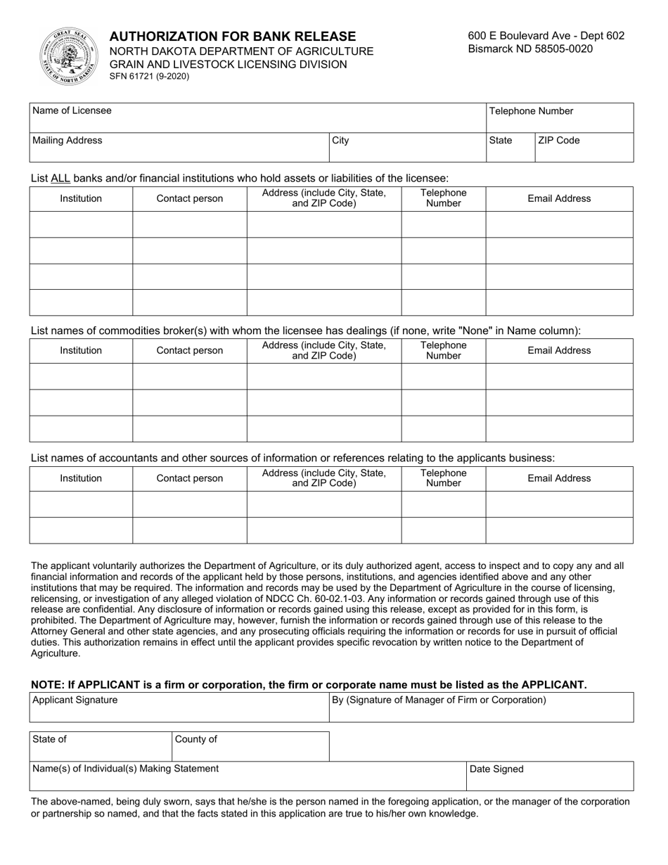 Form SFN61721 Authorization for Bank Release - North Dakota, Page 1