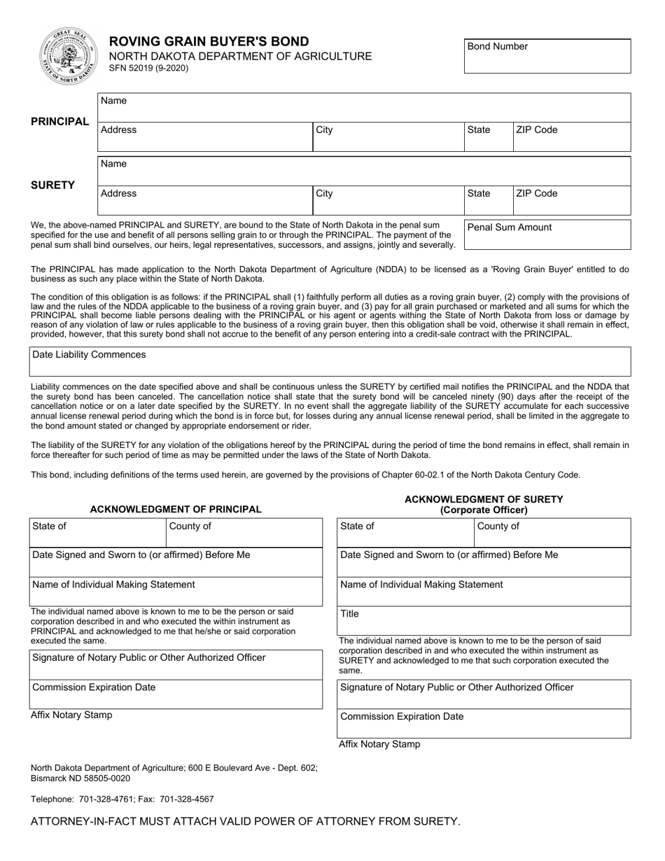 Form SFN52019 Roving Grain Buyers Bond - North Dakota, Page 1