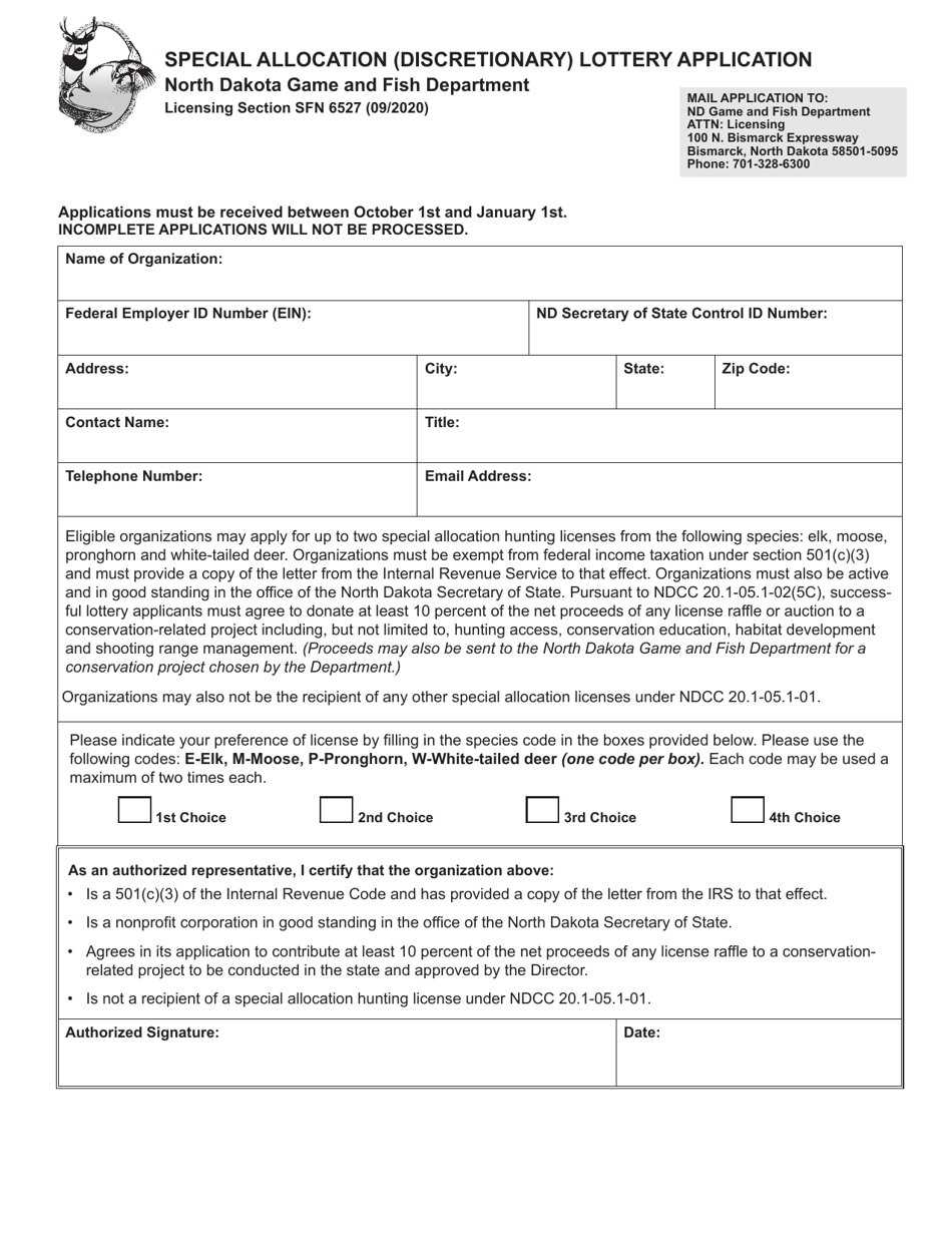 Form SFN6527 Special Allocation (Discretionary) Lottery Application - North Dakota, Page 1