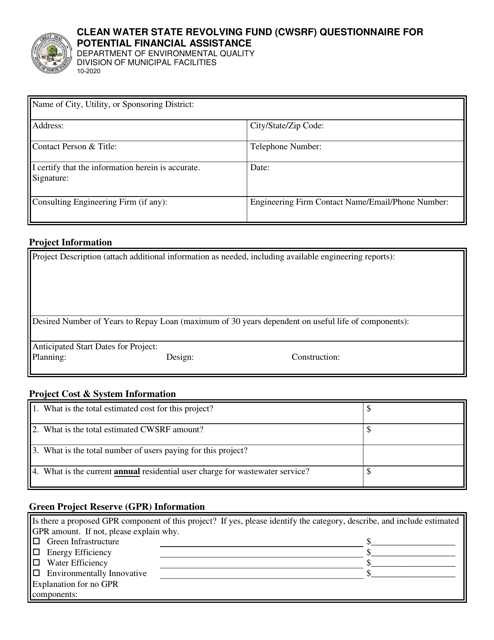Clean Water Revolving Fund (Cwrf) Questionnaire for Potential Financial Assistance - North Dakota Download Pdf