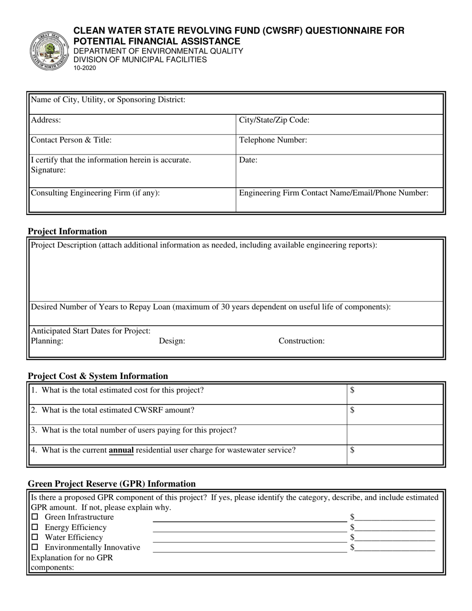 Clean Water Revolving Fund (Cwrf) Questionnaire for Potential Financial Assistance - North Dakota, Page 1