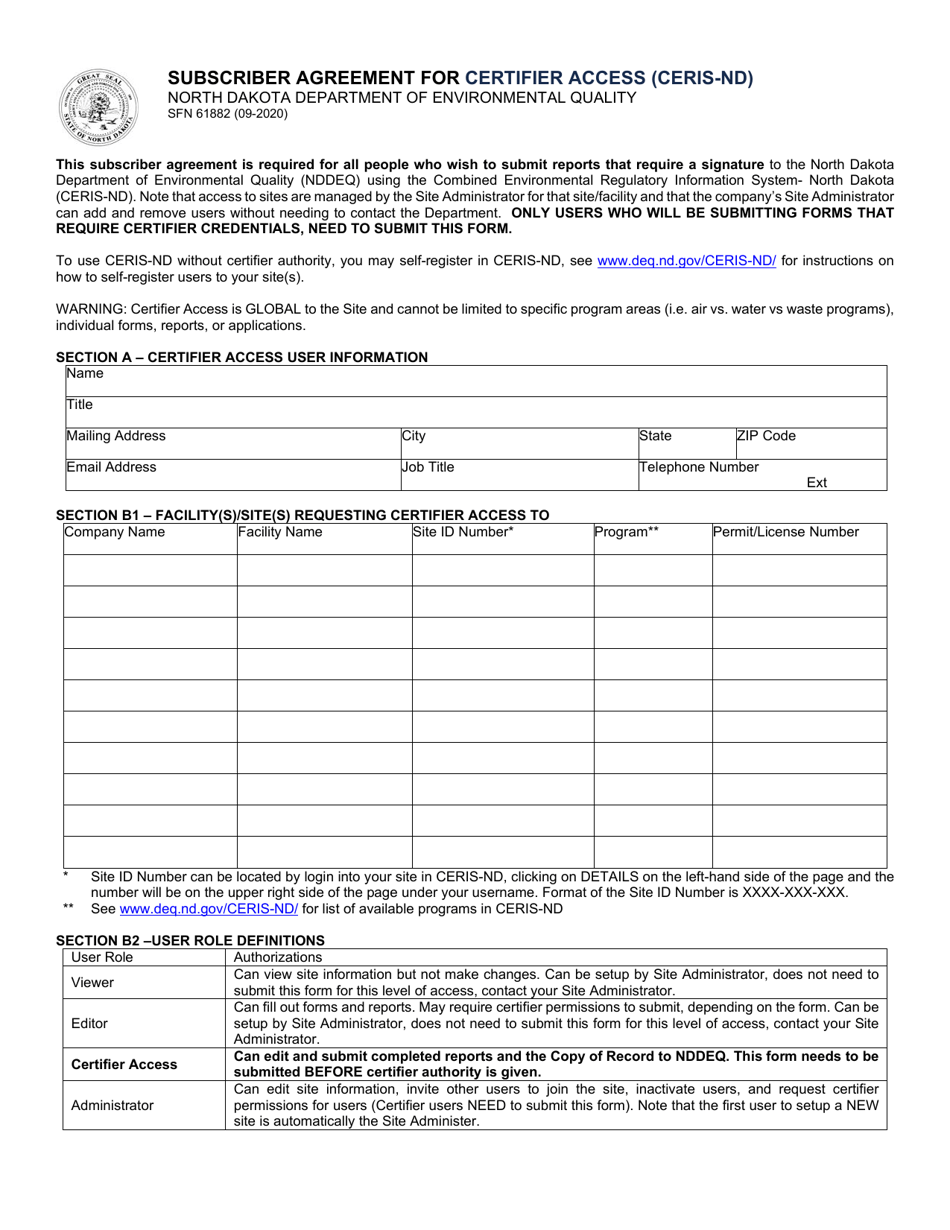 Form SFN61882 Subscriber Agreement for Certifier Access (Ceris-Nd) - North Dakota, Page 1