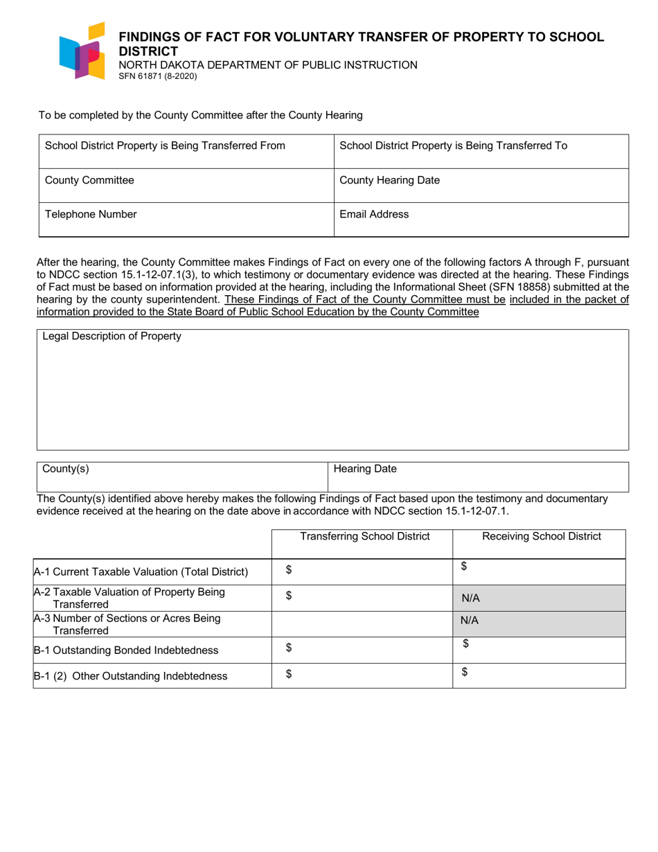 Form SFN61871 Findings of Fact for Voluntary Transfer of Property to School District - North Dakota, Page 1