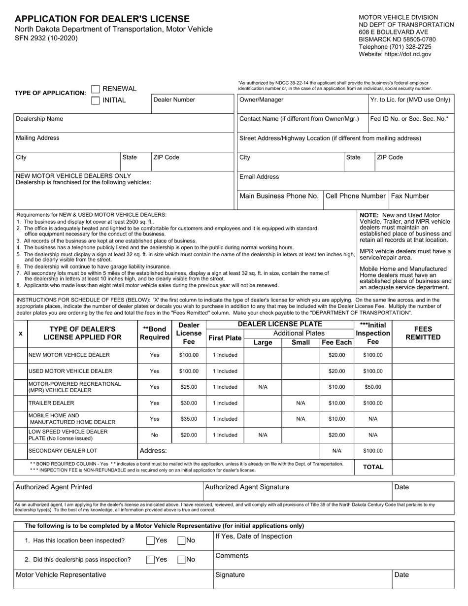Form SFN2932 Application for Dealers License - North Dakota, Page 1