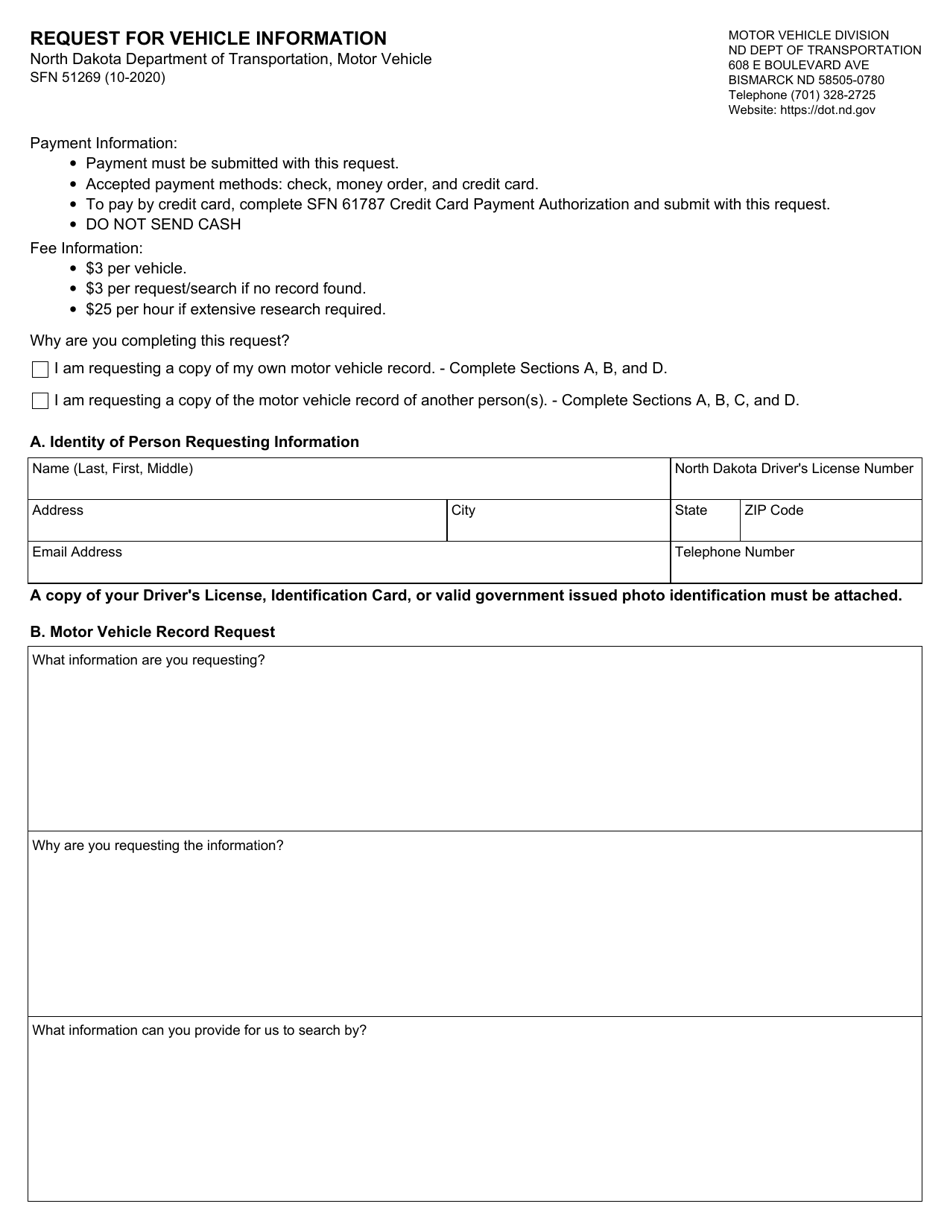 Form SFN51269 Download Fillable PDF or Fill Online Request for Vehicle ...