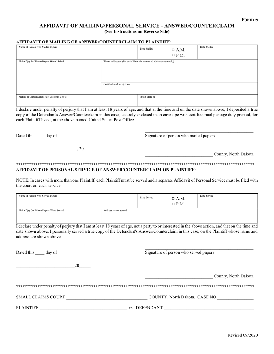 Form 5 Affidavit of Mailing / Personal Service - Answer / Counterclaim - North Dakota, Page 1