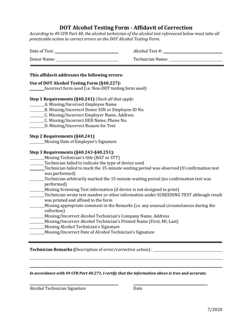 Dot Alcohol Testing Form - Affidavit of Correction - Ohio Download Pdf
