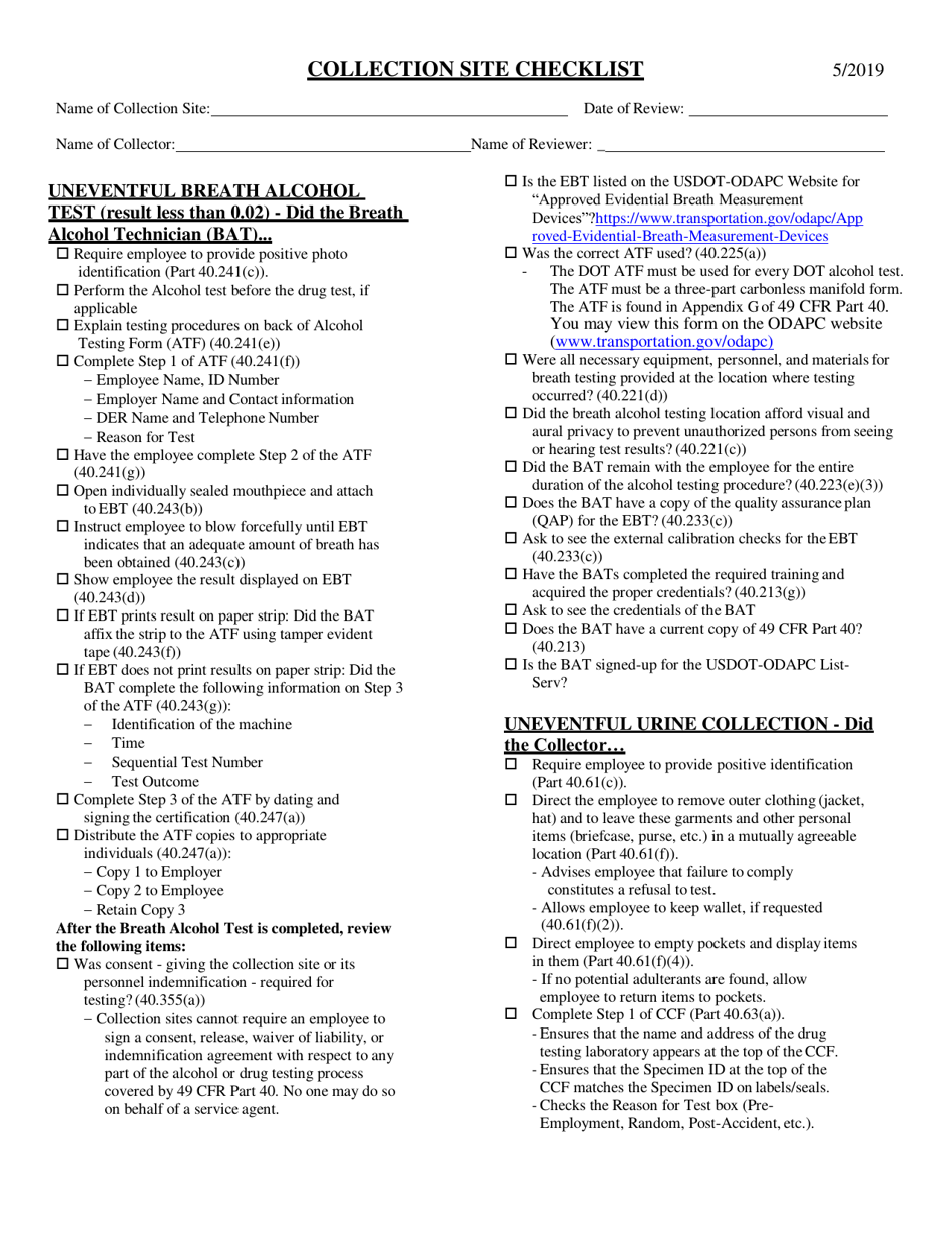 Collection Site Checklist - Ohio, Page 1