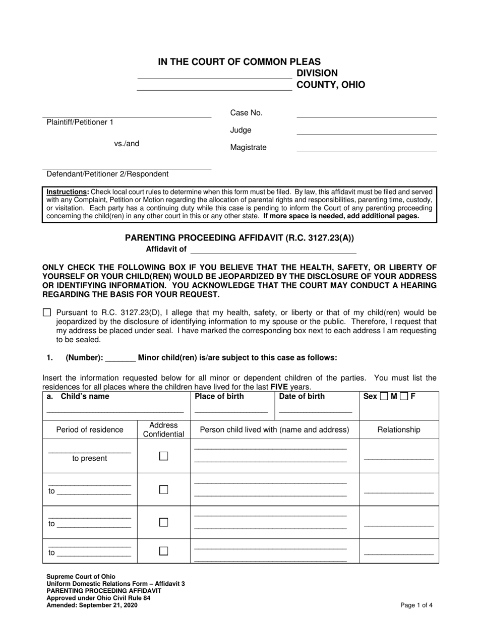 Affidavit 3 Parenting Proceeding Affidavit (R.c. 3127.23(A)) - Ohio, Page 1