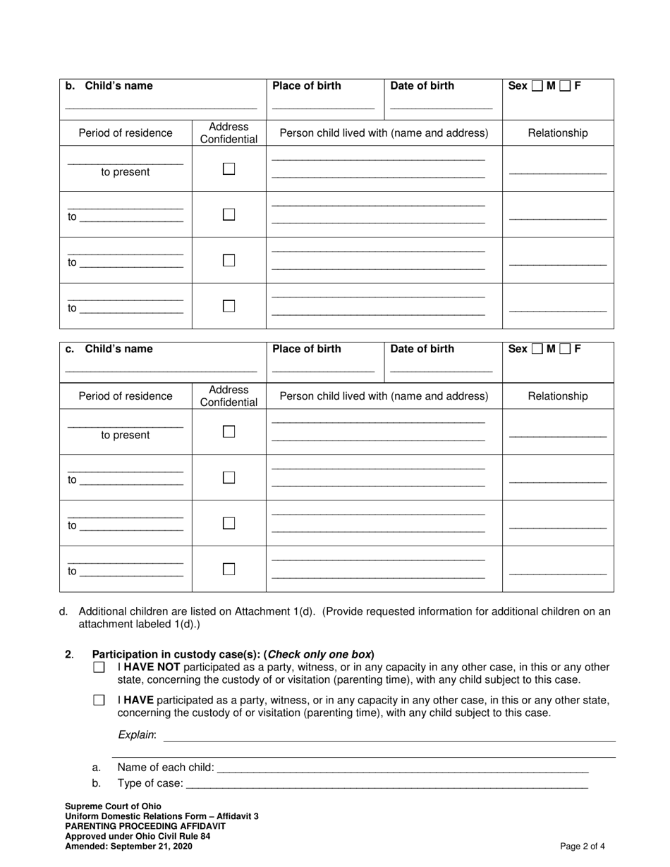 Affidavit 3 Parenting Proceeding Affidavit (R.c. 3127.23(A)) - Ohio, Page 2