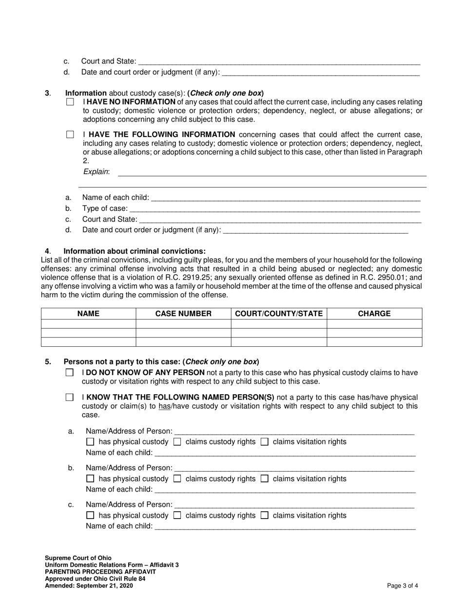 Affidavit 3 Parenting Proceeding Affidavit (R.c. 3127.23(A)) - Ohio, Page 3