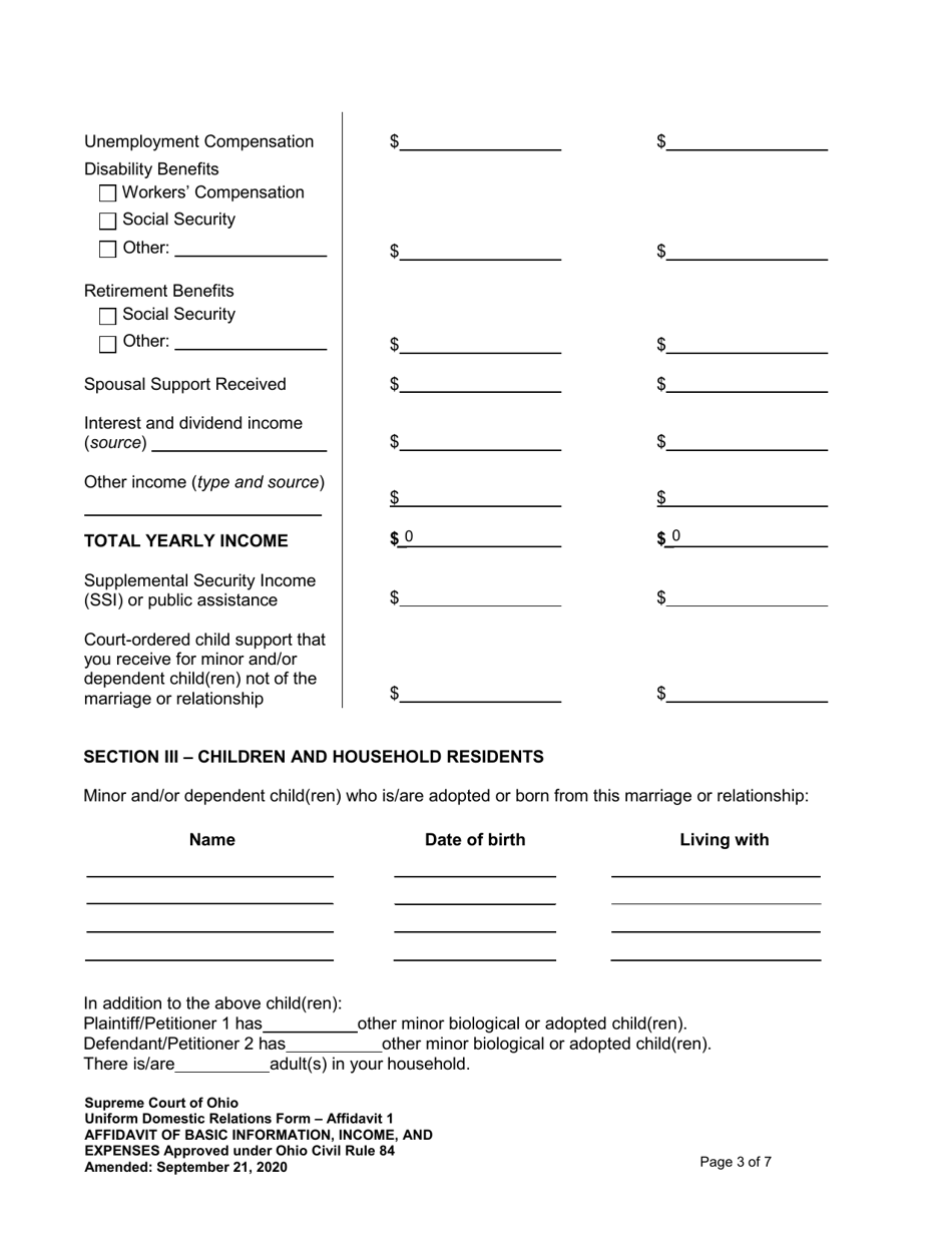 Affidavit 1 Affidavit of Basic Information, Income, and Expenses - Ohio, Page 3