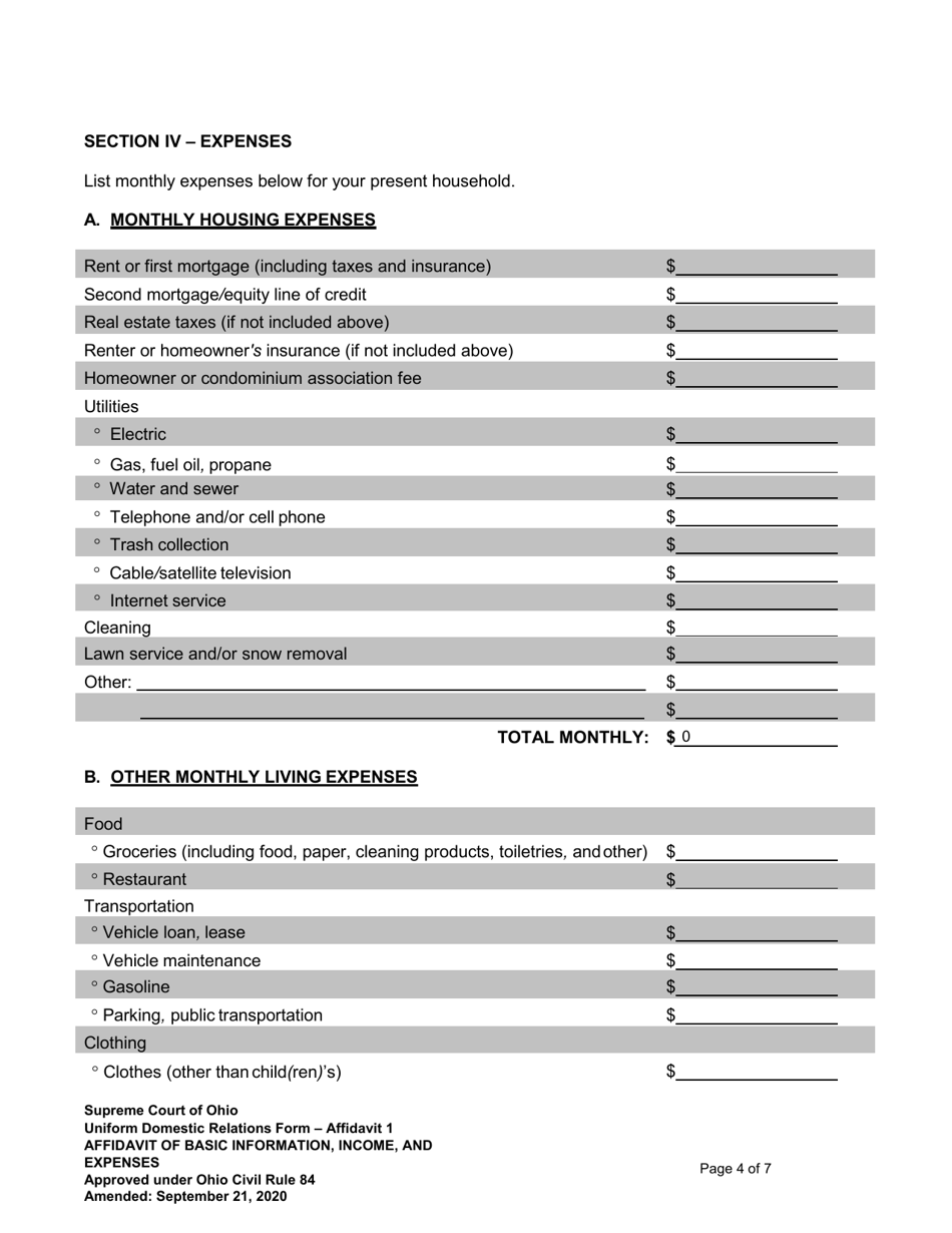 Affidavit 1 Affidavit of Basic Information, Income, and Expenses - Ohio, Page 4