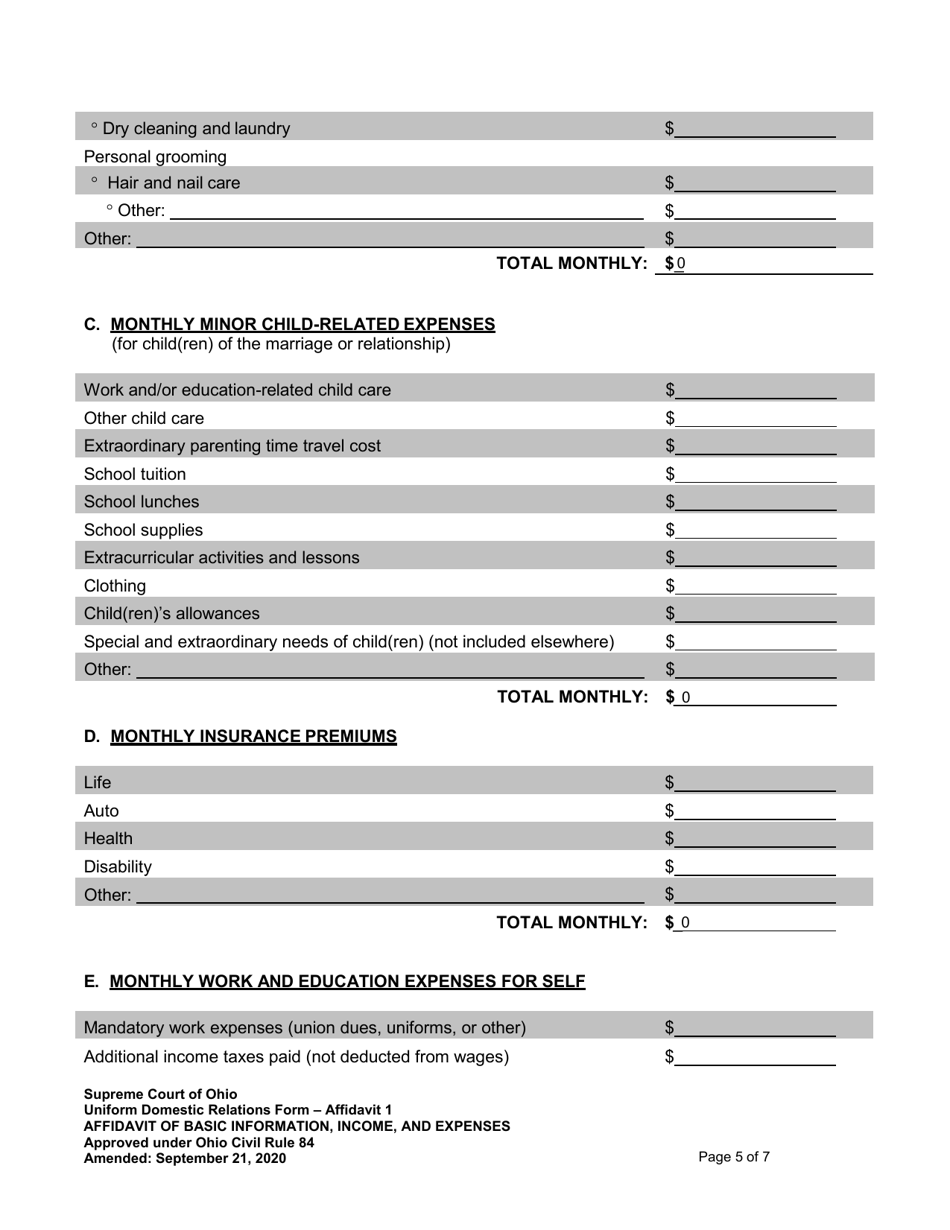 Affidavit 1 Affidavit of Basic Information, Income, and Expenses - Ohio, Page 5