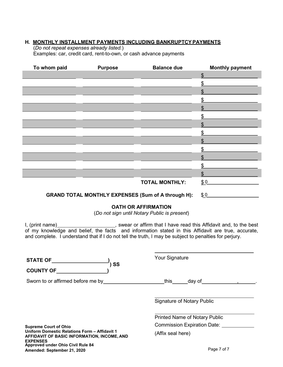 Affidavit 1 Affidavit of Basic Information, Income, and Expenses - Ohio, Page 7