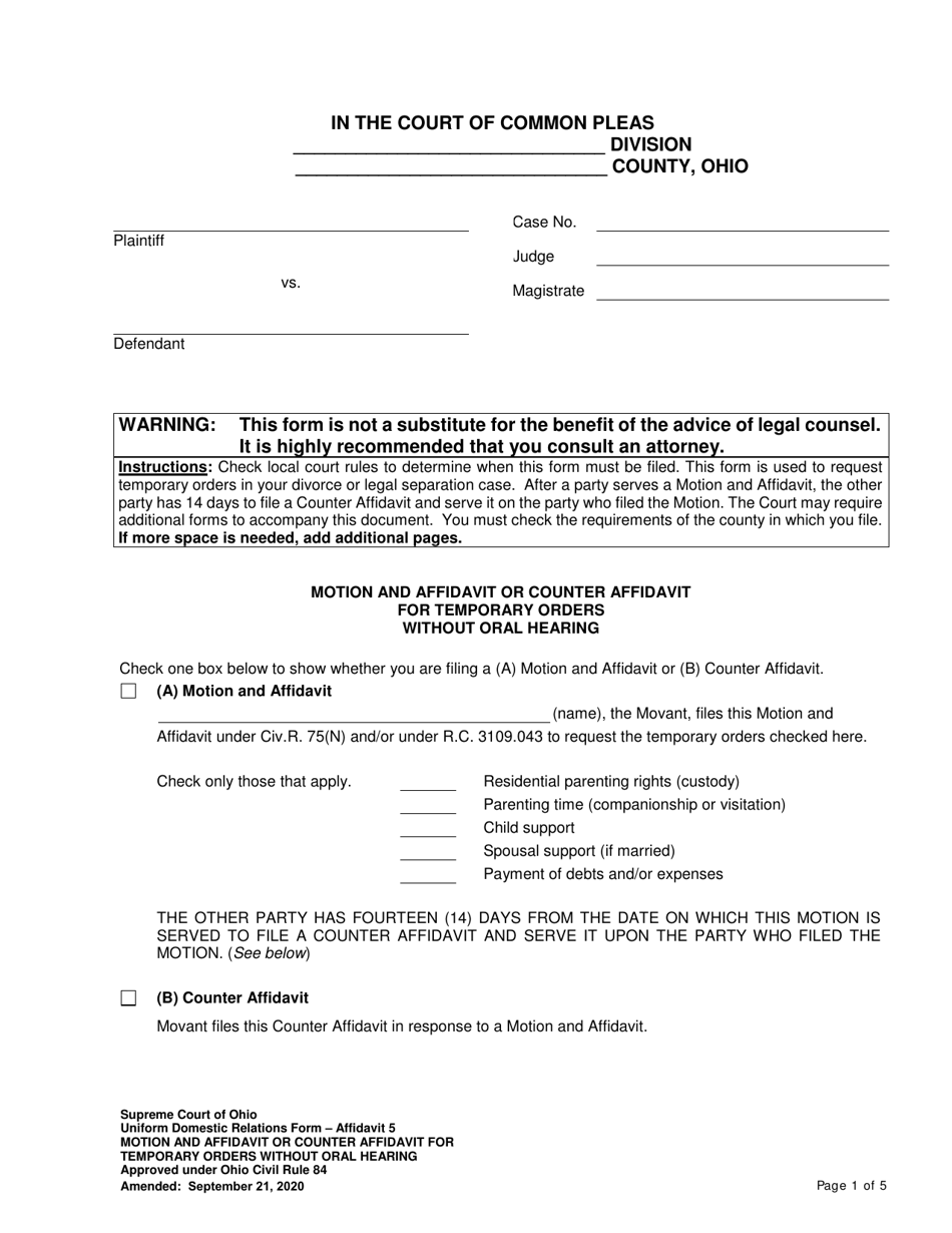 Affidavit 5 Motion and Affidavit or Counter Affidavit for Temporary Orders Without Oral Hearing - Ohio, Page 1