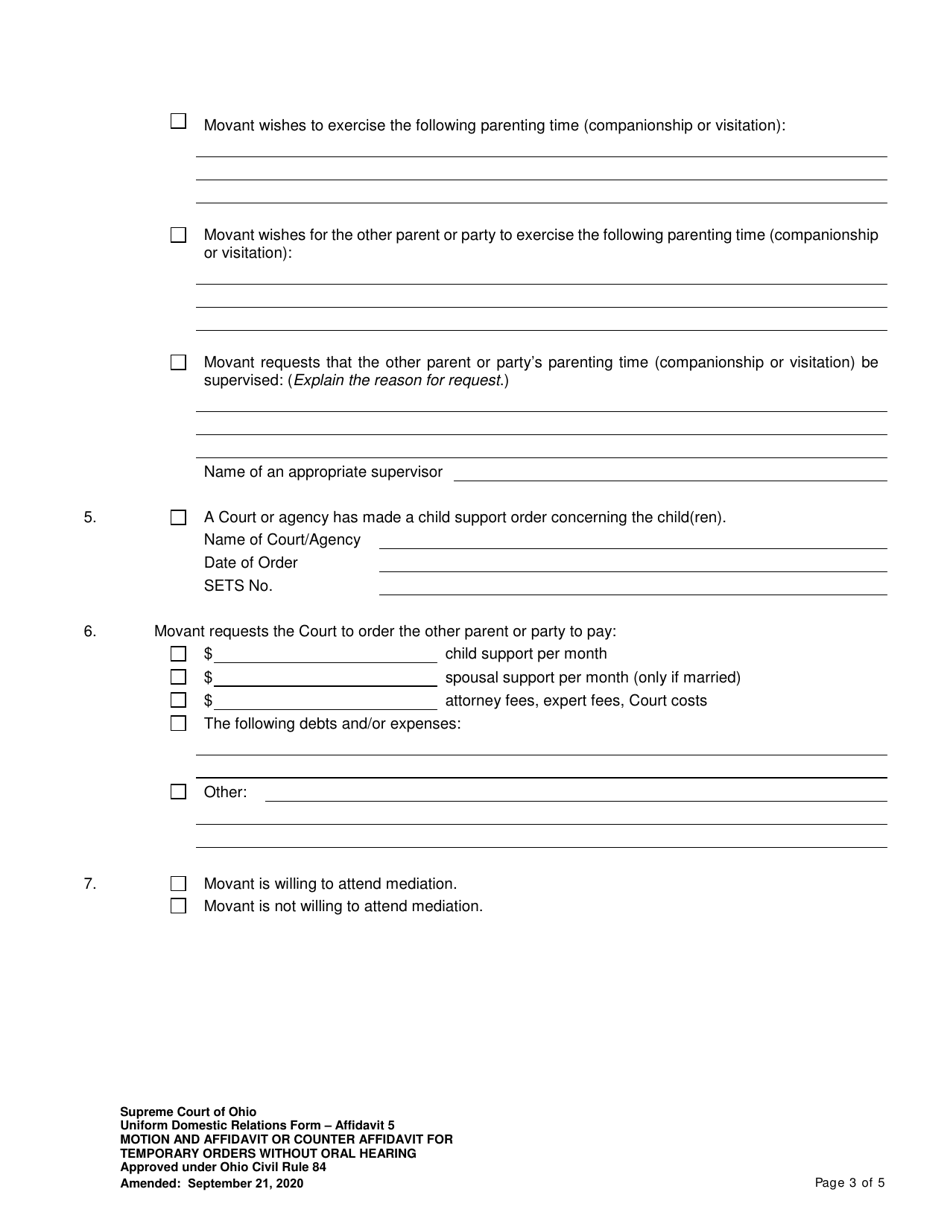 Affidavit 5 Motion and Affidavit or Counter Affidavit for Temporary Orders Without Oral Hearing - Ohio, Page 3