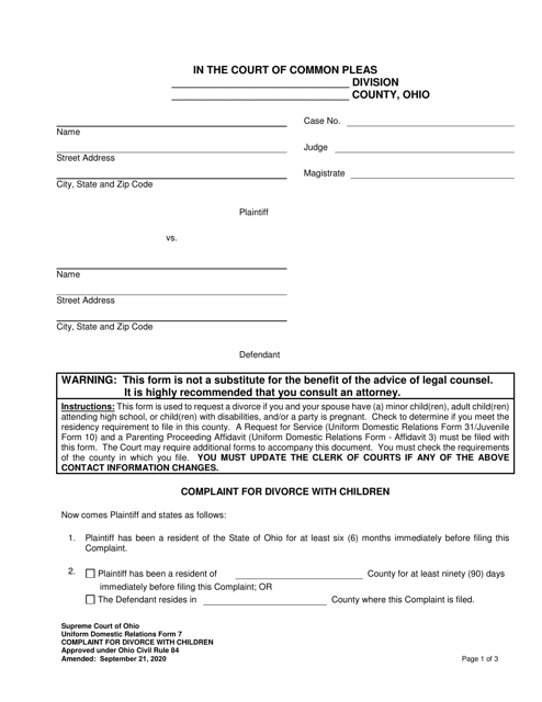 Uniform Domestic Relations Form 7  Printable Pdf