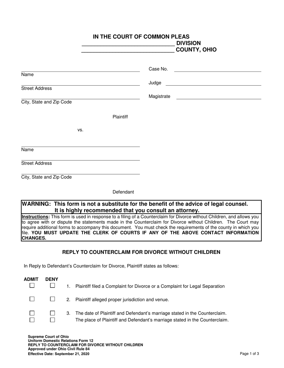 Uniform Domestic Relations Form 12 Reply to Counterclaim for Divorce Without Children - Ohio, Page 1