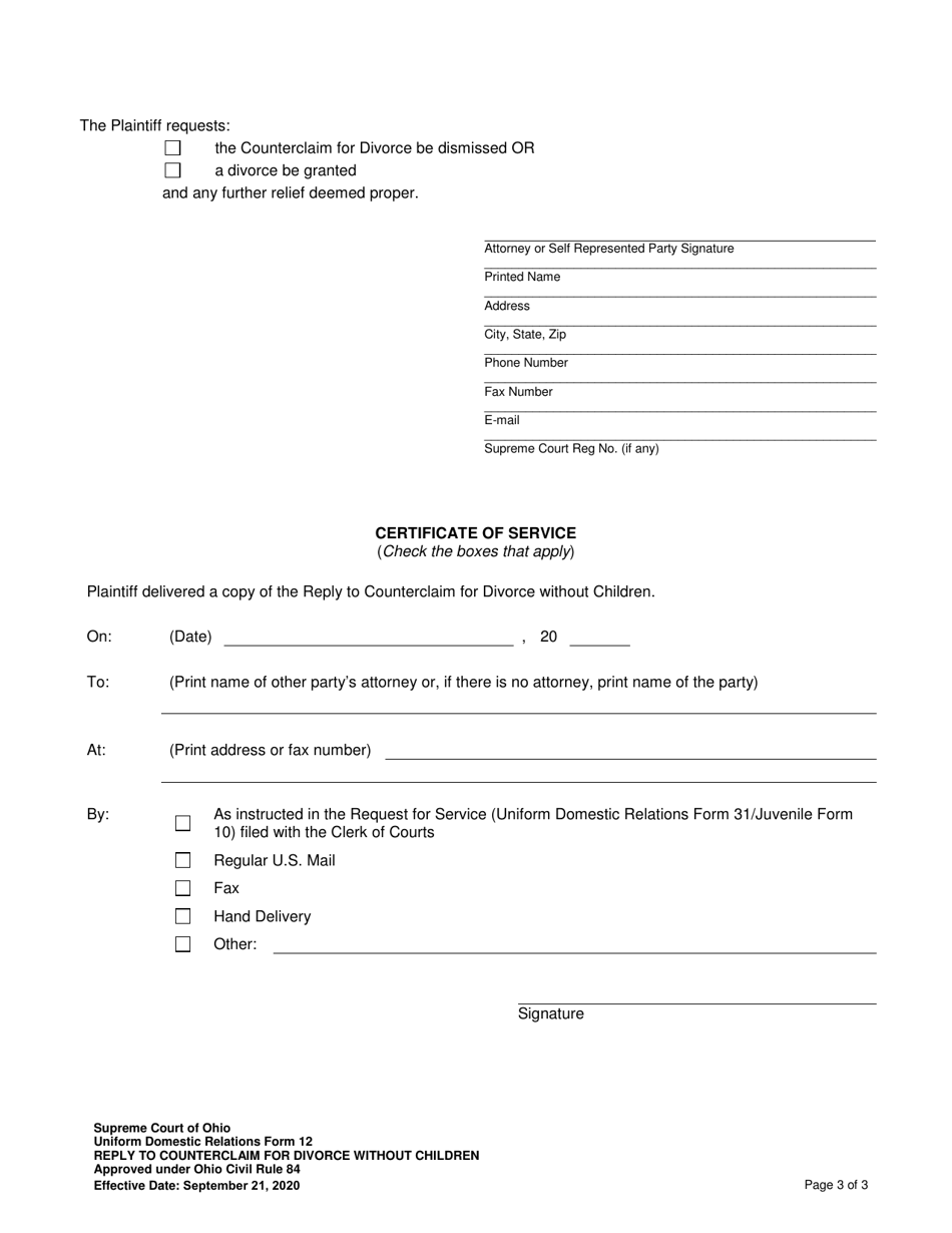 Uniform Domestic Relations Form 12 Reply to Counterclaim for Divorce Without Children - Ohio, Page 3