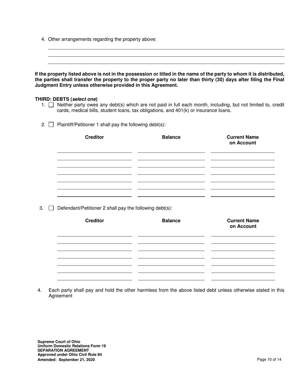 Uniform Domestic Relations Form 19 Separation Agreement - Ohio, Page 10