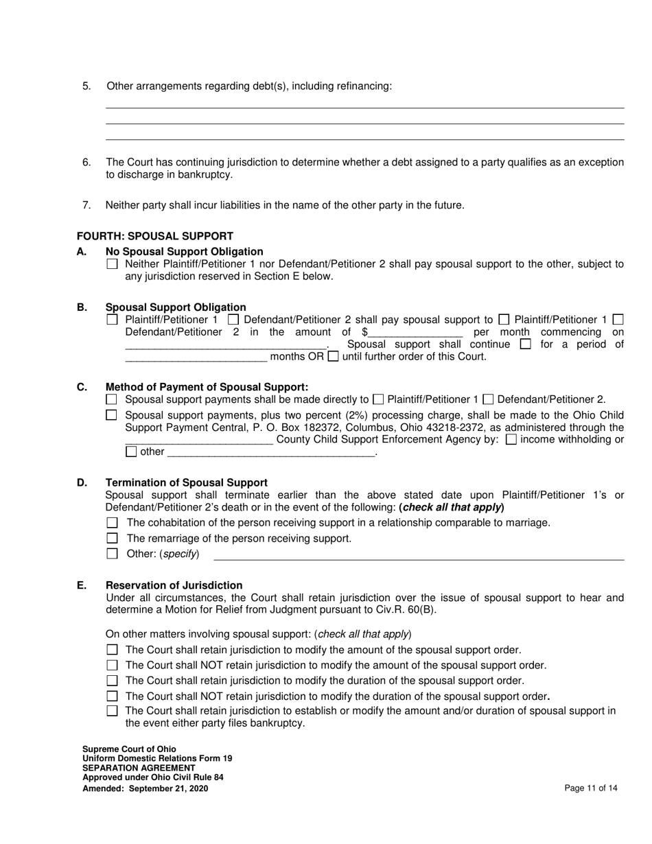 Uniform Domestic Relations Form 19 Separation Agreement - Ohio, Page 11