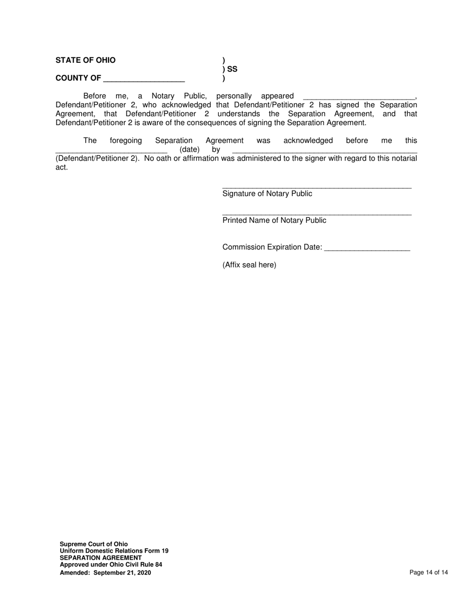 Uniform Domestic Relations Form 19 Separation Agreement - Ohio, Page 14