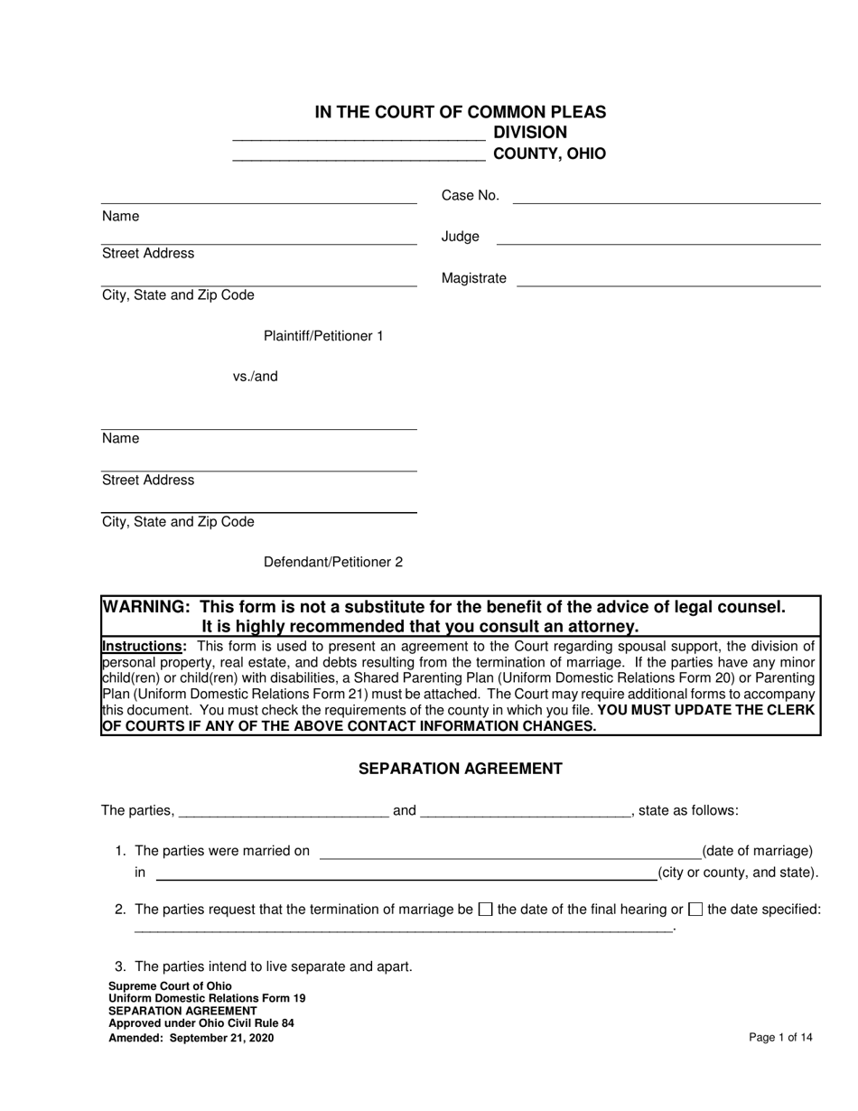 Uniform Domestic Relations Form 19 Separation Agreement - Ohio, Page 1