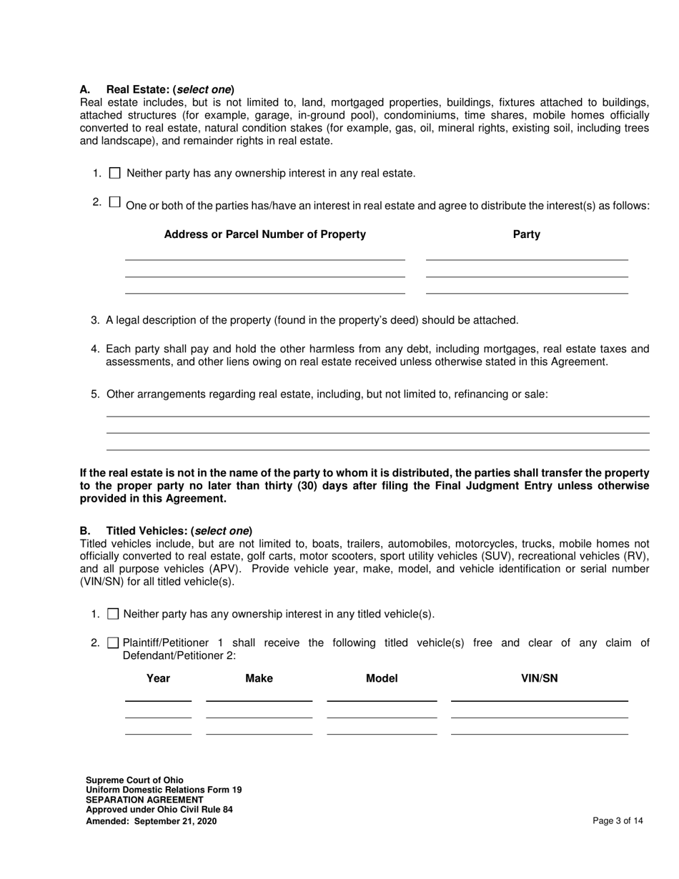 Uniform Domestic Relations Form 19 Separation Agreement - Ohio, Page 3