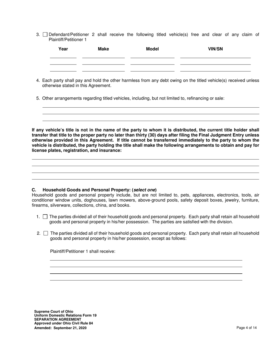 Uniform Domestic Relations Form 19 Separation Agreement - Ohio, Page 4