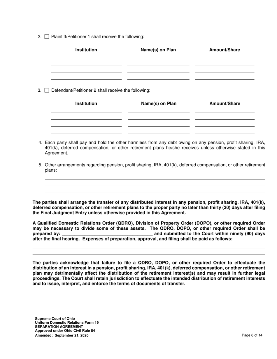 Uniform Domestic Relations Form 19 Separation Agreement - Ohio, Page 8