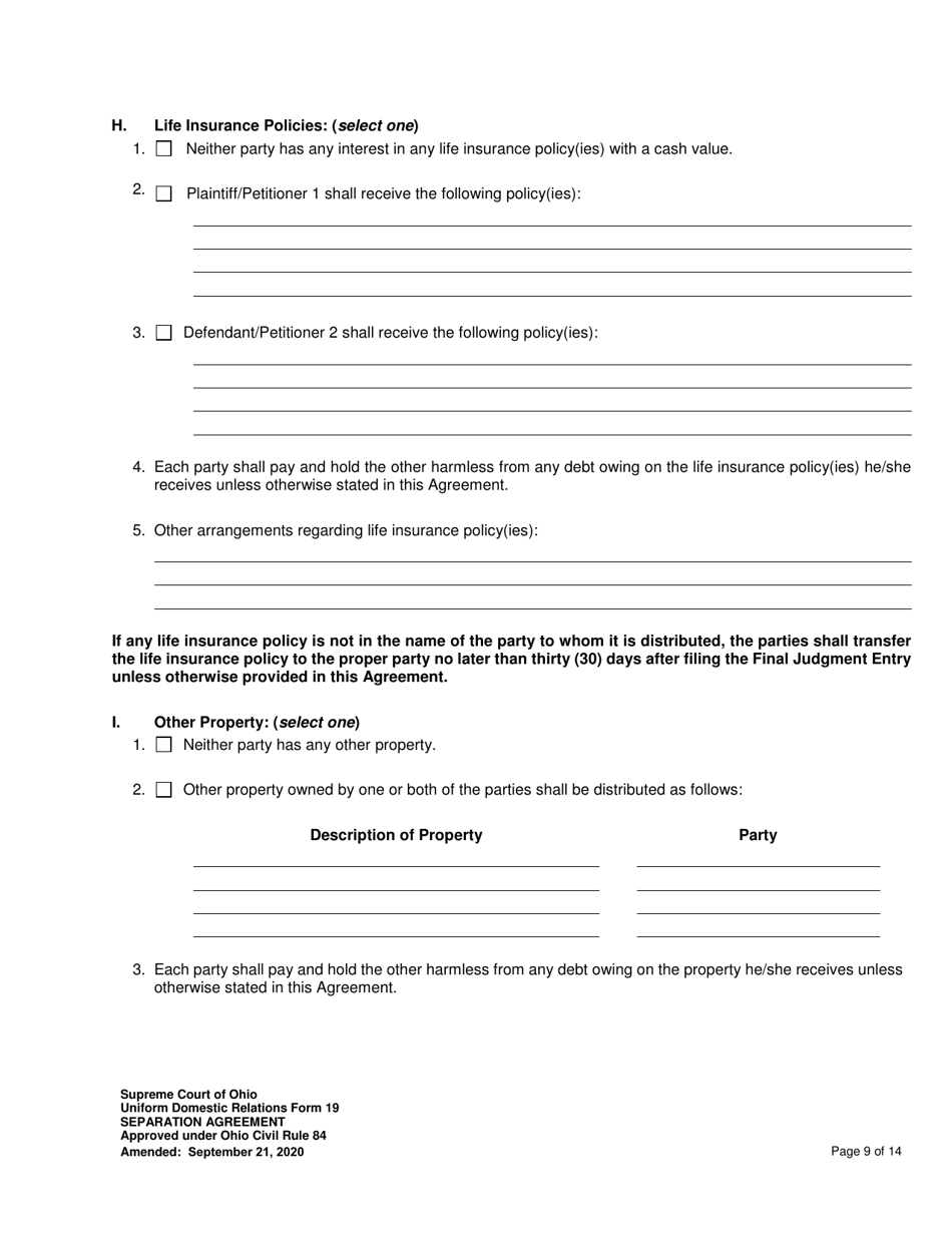 Uniform Domestic Relations Form 19 Separation Agreement - Ohio, Page 9