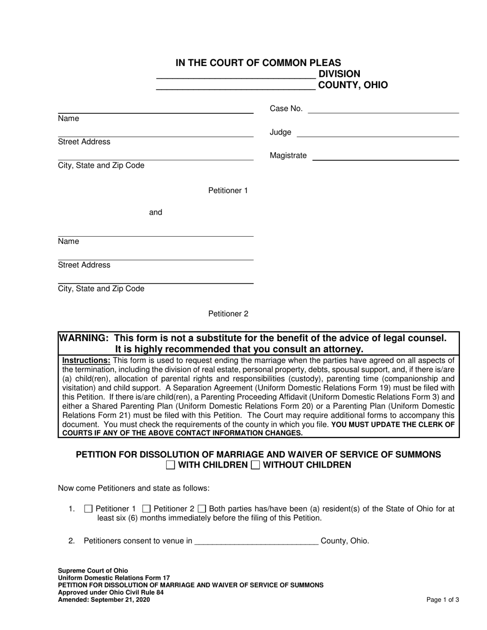 Uniform Domestic Relations Form 17 Petition for Dissolution of Marriage and Waiver of Service of Summons - Ohio, Page 1