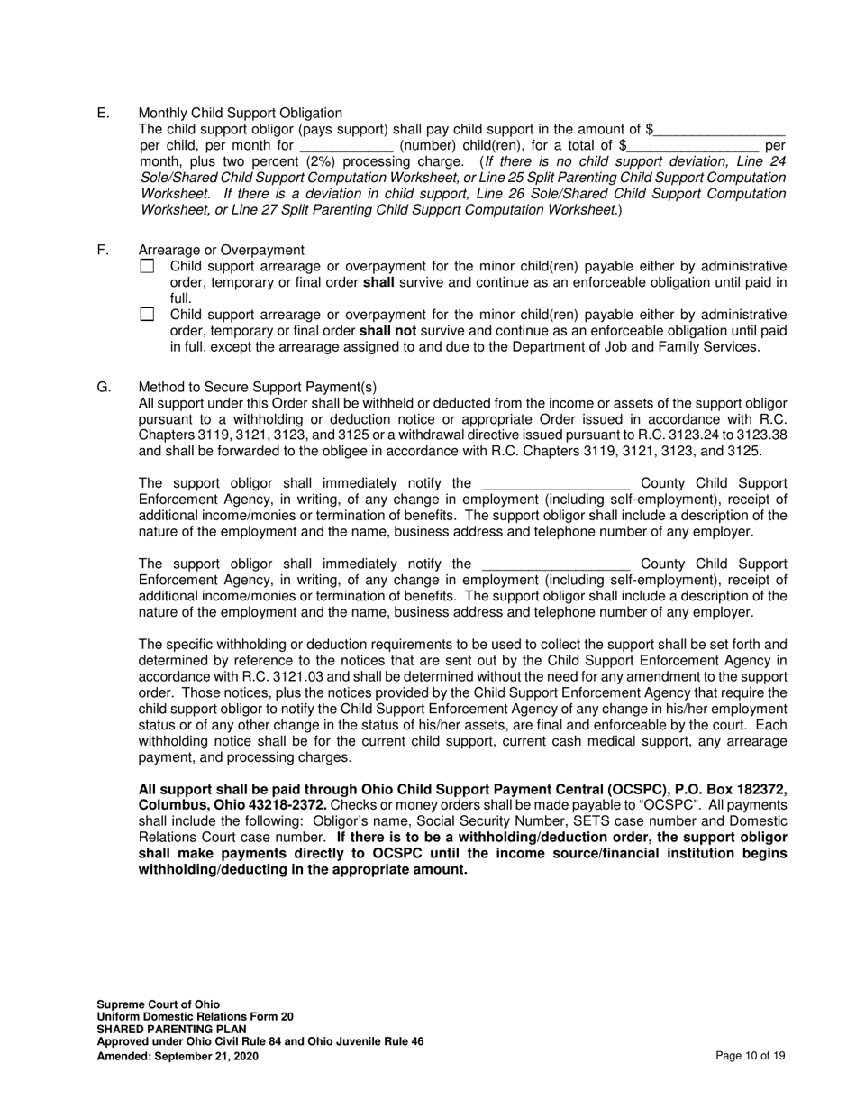 Uniform Domestic Relations Form 20 Shared Parenting Plan - Ohio, Page 10