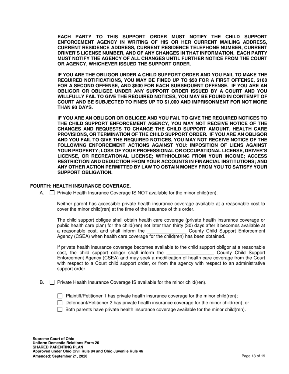 Uniform Domestic Relations Form 20 Shared Parenting Plan - Ohio, Page 13