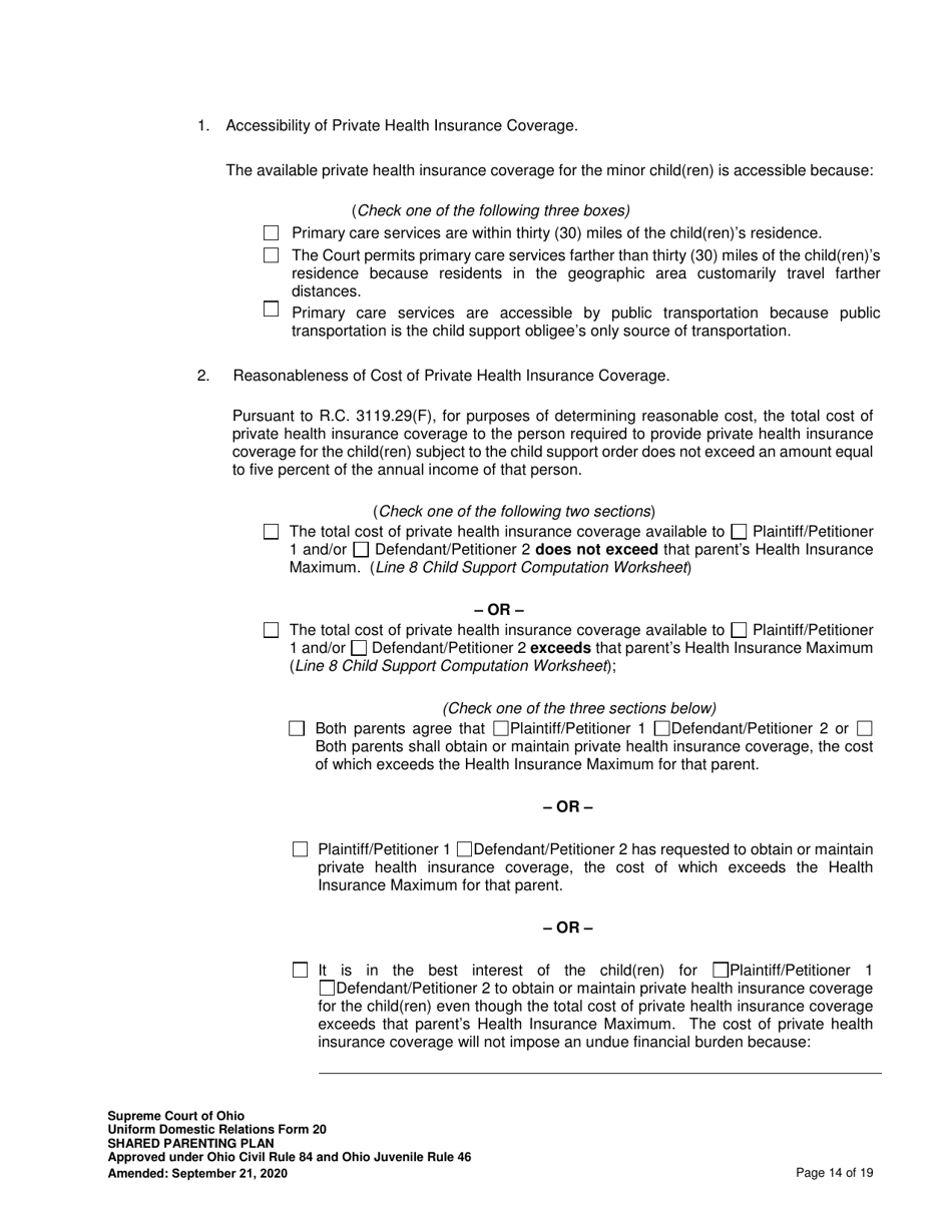 Uniform Domestic Relations Form 20 Shared Parenting Plan - Ohio, Page 14
