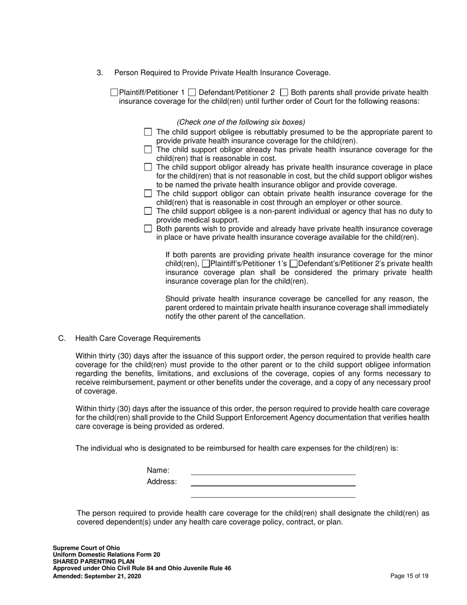 Uniform Domestic Relations Form 20 Shared Parenting Plan - Ohio, Page 15