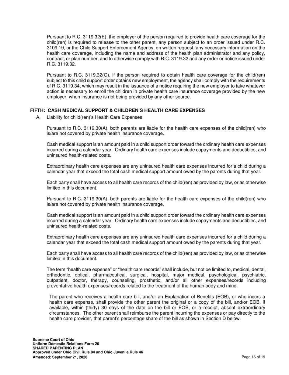 Uniform Domestic Relations Form 20 Shared Parenting Plan - Ohio, Page 16