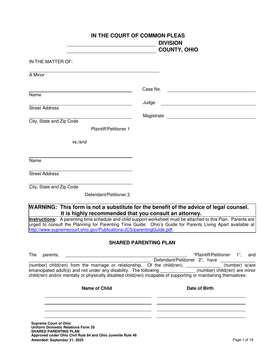 Uniform Domestic Relations Form 20 Shared Parenting Plan - Ohio, Page 1