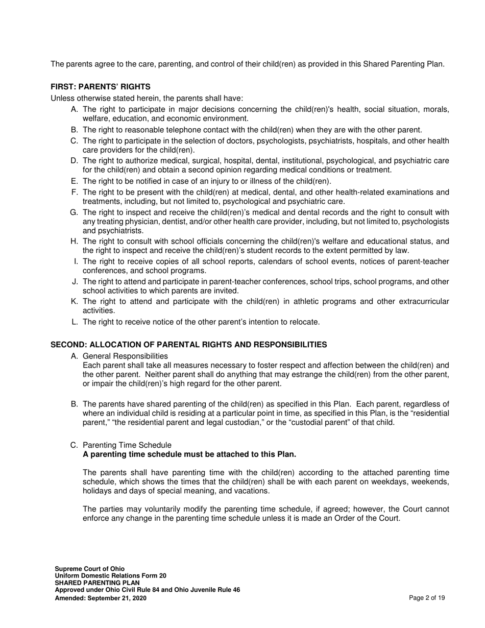 Uniform Domestic Relations Form 20 Shared Parenting Plan - Ohio, Page 2