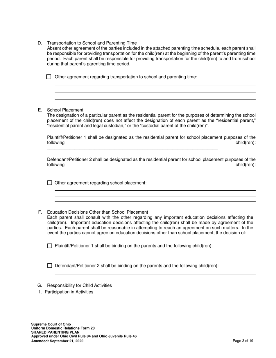 Uniform Domestic Relations Form 20 Shared Parenting Plan - Ohio, Page 3