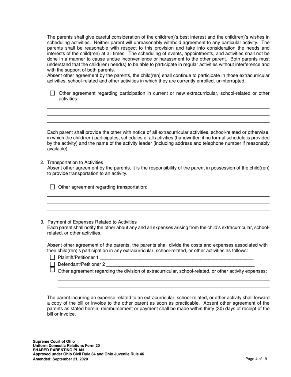 Uniform Domestic Relations Form 20 Shared Parenting Plan - Ohio, Page 4