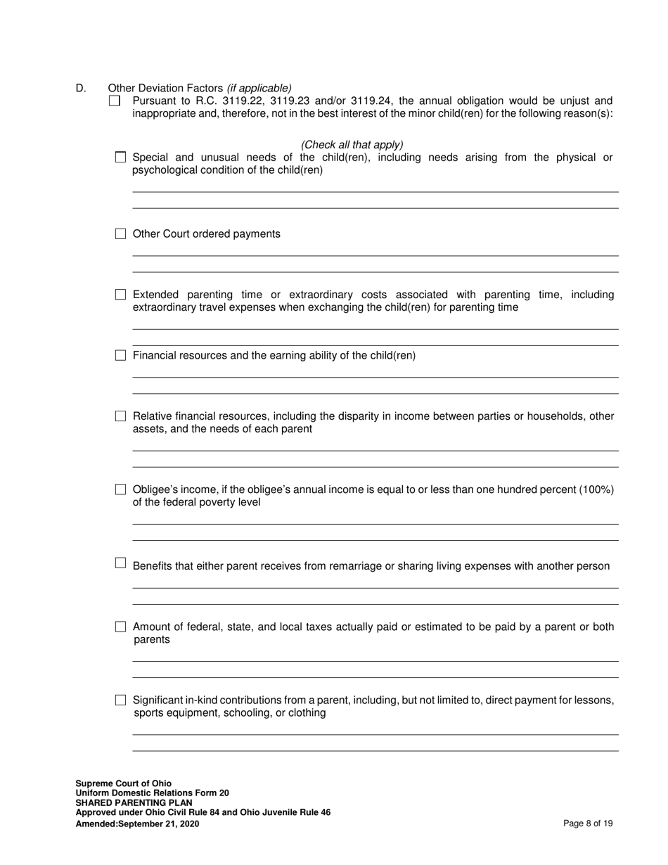 Uniform Domestic Relations Form 20 Shared Parenting Plan - Ohio, Page 8