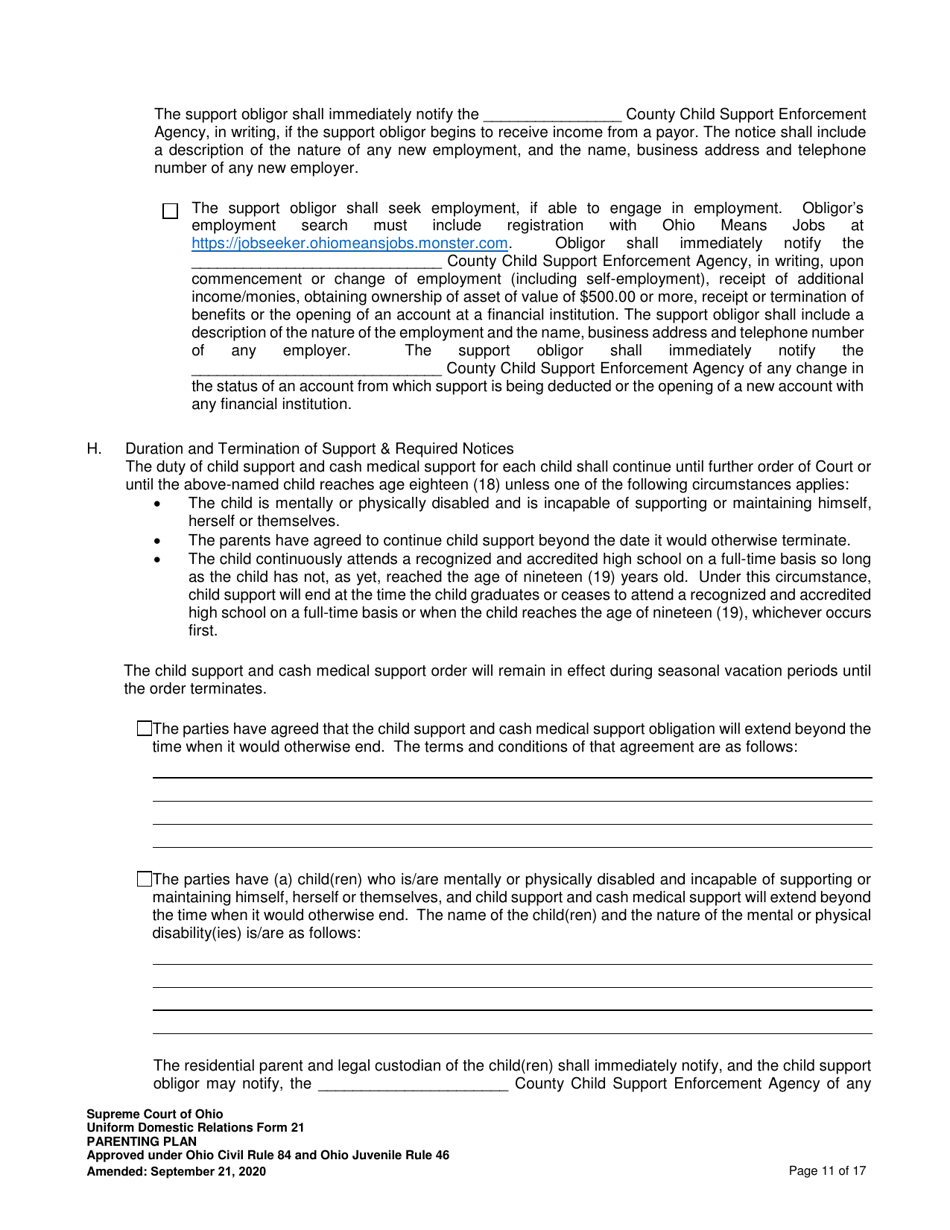 Uniform Domestic Relations Form 21 Parenting Plan - Ohio, Page 11